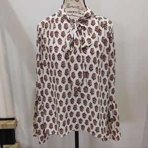 CECE | Women's White Floral Depp V Neck Tie Up Bell Cuffed Flowy Blouse